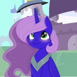 Size: 1080x1080 | Tagged: safe, artist:princessesmeraldaofficial, oc, oc only, alicorn, pony, alicorn oc, blushing, castle, ethereal mane, female, horn, mare, outdoors, parent:princess luna, parents:canon x oc, peytral, signature, smiling, solo, starry mane, wings