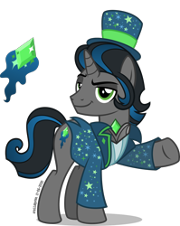 Size: 1404x1760 | Tagged: safe, alternate version, artist:stellardusk, king sombra, pony, unicorn, g4, alternate cutie mark, alternate hair color, alternate hairstyle, alternate universe, clothes, hat, jewelry, magician outfit, male, necklace, simple background, smug, solo, top hat, transparent background