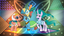 Size: 1600x900 | Tagged: safe, artist:jhayarr23, artist:laszlvfx, edit, meadowbrook, mistmane, somnambula, earth pony, pegasus, pony, unicorn, g4, clothes, curved horn, cute, healer's mask, horn, mage, mask, meadowcute, mistabetes, open mouth, somnambetes, wallpaper, wallpaper edit