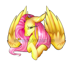 Size: 1218x1077 | Tagged: safe, artist:erroremma, fluttershy, butterfly, pegasus, pony, g4, bust, ear fluff, female, floppy ears, flower, flower in hair, looking away, looking down, mare, simple background, solo, spread wings, transparent background, watermark, wings