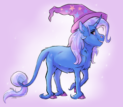 Size: 1702x1484 | Tagged: safe, artist:shimazun, trixie, classical unicorn, pony, unicorn, g4, chest fluff, clothes, cloven hooves, hat, hoof fluff, horn, leonine tail, smiling, trixie's hat, unshorn fetlocks
