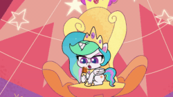 Size: 800x450 | Tagged: safe, screencap, princess celestia, alicorn, pony, g4.5, my little pony: pony life, princess probz, animated, crown, excited, female, food, gif, jelly, jewelry, looking at something, regalia, sitting, solo, throne, wings