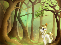 Size: 2000x1470 | Tagged: safe, artist:andaluce, oc, oc only, oc:chamomile dreams, earth pony, pony, blank flank, female, forest, mare, scenery, solo, tree