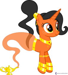Size: 4000x4370 | Tagged: safe, artist:parclytaxel, oc, oc only, oc:amani, genie, genie pony, pony, unicorn, .svg available, absurd resolution, armband, bracelet, collar, ear piercing, earring, female, floating, gold, jewelry, lamp, magic lamp, mare, patreon, patreon reward, piercing, ponytail, simple background, smiling, solo, transparent background, vector, waistband