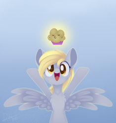 Size: 1248x1329 | Tagged: safe, artist:dusthiel, derpy hooves, pegasus, pony, g4, atg 2020, chest fluff, cute, derpabetes, female, food, gradient background, looking at you, mare, muffin, newbie artist training grounds, smiling, solo, that pony sure does love muffins, the legend of zelda