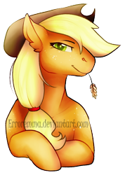 Size: 560x785 | Tagged: safe, artist:erroremma, applejack, earth pony, pony, g4, female, simple background, solo, straw in mouth, transparent background, watermark