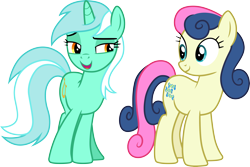 Size: 4478x3000 | Tagged: safe, artist:cloudy glow, artist:parclytaxel, bon bon, lyra heartstrings, sweetie drops, earth pony, pony, unicorn, g4, slice of life (episode), .ai available, adorabon, cute, female, high res, looking at each other, lyrabetes, mare, simple background, smiling, transparent background, vector