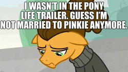 Size: 1920x1080 | Tagged: safe, edit, edited screencap, screencap, cheese sandwich, earth pony, pony, g4, g4.5, my little pony: pony life, the last laugh, caption, image macro, implied cheesepie, implied pinkie pie, implied shipping, implied straight, sad, text