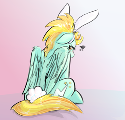 Size: 951x913 | Tagged: safe, artist:testostepone, lightning dust, pegasus, pony, g4, blushing, bunny ears, bunny tail, cute, dust bunny, dustabetes, female, grumpy, looking at you, mare, pun, simple background, solo