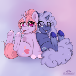 Size: 2000x2000 | Tagged: safe, artist:lionbun, oc, oc:cozy, oc:maple, unicorn, anthro, :p, chibi, commission, cute, female, friends, high res, mare, mlem, silly, tongue out, your character here