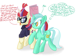 Size: 2304x1688 | Tagged: safe, artist:notadeliciouspotato, lyra heartstrings, moondancer, pony, unicorn, fanfic:anthropology, g4, atg 2020, book, dialogue, duo, fanfic art, female, haycartes' method, humie, magic, mare, newbie artist training grounds, oblivious, raised hoof, shadow, simple background, smiling, speech bubble, talking, telekinesis, thought bubble, white background