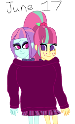 Size: 1168x1920 | Tagged: safe, artist:horroraceman93, sour sweet, sunny flare, equestria girls, g4, clothes, duo, female, lesbian, pride month, shipping, simple background, sourflare, sweater, transparent background