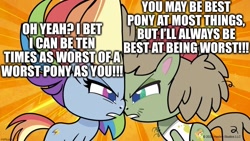 Size: 1200x675 | Tagged: safe, edit, edited screencap, screencap, dishwater slog, rainbow dash, earth pony, pegasus, pony, g4.5, my little pony: pony life, the best of the worst, animation error, best pony, caption, excessive exclamation marks, image macro, op is a duck, op is trying to start shit, text, wingless, worst pony