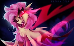 Size: 2048x1280 | Tagged: safe, artist:nekosnicker, fluttershy, bat pony, pony, g4, badass, bat ponified, chest fluff, fangs, female, flutterbadass, flutterbat, forked tongue, glowing eyes, one eye closed, open mouth, painting, race swap, red eyes, sharp teeth, solo, teeth, tongue out, wink