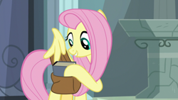 Size: 1920x1080 | Tagged: safe, screencap, fluttershy, pegasus, pony, daring doubt, g4, bag, book, female, saddle bag, solo, wing hands, wings