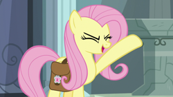 Size: 1920x1080 | Tagged: safe, screencap, fluttershy, pegasus, pony, daring doubt, g4, bag, female, hoof in air, saddle bag, solo