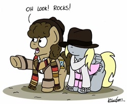 Size: 1024x839 | Tagged: safe, artist:bobthedalek, derpy hooves, doctor whooves, time turner, earth pony, pegasus, pony, g4, alternate hairstyle, atg 2020, clothes, coat, cute, derpabetes, destiny of the daleks, doctor who, doctorbetes, fedora, fourth doctor, fourth doctor's scarf, frock coat, hat, hat over eyes, implied bbc quarry, lalla ward, newbie artist training grounds, pointing, romana, romana ii, scarf, shirt, striped scarf, the doctor, tom baker