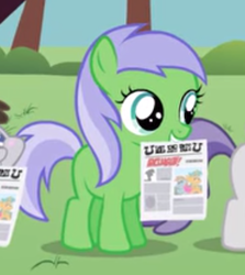 Size: 288x323 | Tagged: safe, screencap, key lime, tornado bolt, truffle shuffle, earth pony, pony, g4, ponyville confidential, season 2, background pony, cropped, female, filly, foal, foal free press, mouth hold, newspaper, solo focus
