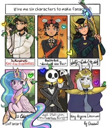 Size: 1080x1279 | Tagged: safe, artist:violetousv, princess celestia, alicorn, butterfly, fly, goat, human, pony, anthro, g4, anthro with ponies, asgore dreemurr, bone, clothes, crossover, dr. kondraki, female, halloween, heart, holiday, hoof shoes, jack skellington, jack-o-lantern, jewelry, loki, lord of the flies, male, mare, marvel, peytral, pumpkin, scp foundation, six fanarts, skeleton, smiling, the nightmare before christmas, tiara, undertale