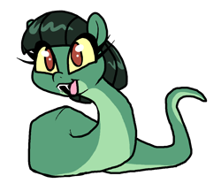 Size: 1956x1692 | Tagged: safe, artist:smirk, oc, oc only, oc:tija, original species, snake, snake pony, cute, cute little fangs, fangs, looking to side, looking to the left, ms paint, pale belly, red eyes, simple background, solo, white background, yellow sclera