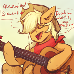 Size: 2480x2480 | Tagged: safe, artist:sinrinf, derpibooru exclusive, applejack, earth pony, pony, g4, bandana, ear fluff, female, guitar, hat, high res, musical instrument, sketch, solo, song reference