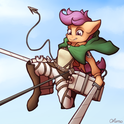 Size: 2000x2000 | Tagged: safe, artist:ohemo, scootaloo, anthro, g4, anime, atg 2020, attack on titan, clothes, crossover, female, harness, high res, newbie artist training grounds, scootaloo can fly, scootaloo can't fly, solo, sword, tack, weapon