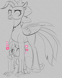 Size: 553x693 | Tagged: safe, artist:cosmonaut, sweetie belle, terramar, hippogriff, g4, female, heart, male, monochrome, older, ship:terrabelle, shipping, size difference, straight, tall