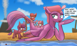 Size: 1667x1000 | Tagged: safe, artist:cosmonaut, oc, oc only, oc:open book, oc:skye, oc:slipstream, oc:turnip, abyssinian, classical hippogriff, donkey, hippogriff, seapony (g4), unicorn, beach, rope, size difference, volcano
