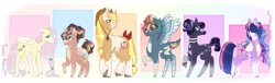 Size: 2544x776 | Tagged: safe, artist:scarletdaymlp, applejack, fluttershy, pinkie pie, rainbow dash, rarity, twilight sparkle, alicorn, earth pony, pony, unicorn, g4, alternate cutie mark, beanbrows, bow, chest fluff, choker, colored hooves, cowboy hat, eyebrows, freckles, goggles, hat, mane six, pincushion, redesign, tail bow, tongue out, twilight sparkle (alicorn), unshorn fetlocks