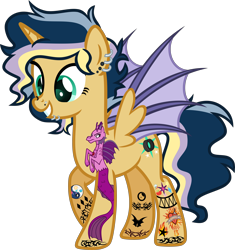 Size: 5000x5325 | Tagged: safe, artist:n0kkun, oc, oc only, oc:hightune stormblazer, alicorn, bat pony, bat pony alicorn, pony, icey-verse, alicorn oc, bat pony oc, bat wings, ear piercing, earring, female, grin, horn, jewelry, lip piercing, mare, multicolored hair, nose piercing, offspring, parent:oc:elizabat stormfeather, parent:oc:trail blazer (ice1517), parents:elizablazer, parents:oc x oc, piercing, raised hoof, simple background, smiling, solo, tattoo, transparent background, wings