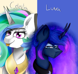 Size: 1400x1339 | Tagged: safe, artist:diamondgreenanimat0, princess celestia, princess luna, g4, amazing, blue background, collaboration, female, moon, siblings, simple background, sisters, style emulation, sun, tongue out, white outline, yellow background