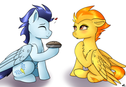 Size: 1822x1260 | Tagged: safe, artist:monsoonvisionz, soarin', spitfire, pegasus, pony, g4, blushing, cute, eyes closed, female, food, heart, male, mare, pie, ship:soarinfire, shipping, simple background, smiling, stallion, straight, white background