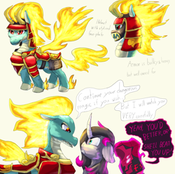 Size: 2958x2930 | Tagged: safe, artist:firefanatic, fhtng th§ ¿nsp§kbl, oleander (tfh), tianhuo (tfh), classical unicorn, dragon, hybrid, longma, pony, unicorn, them's fightin' herds, armor, character design, cloven hooves, community related, dialogue, fiery wings, fire, helmet, high res, horn, leonine tail, mane of fire, mask, tail of fire, unicornomicon, unshorn fetlocks, wings