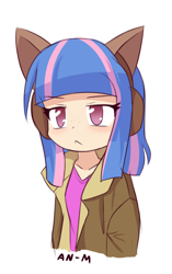 Size: 952x1515 | Tagged: safe, artist:an-m, wind sprint, human, g4, anime, cat ears, clothes, cropped, earmuffs, explicit source, female, frown, headband, humanized, jacket, raised eyebrow, simple background, solo, white background