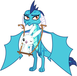 Size: 7000x6903 | Tagged: safe, artist:kmlp, derpibooru exclusive, angel bunny, princess ember, dragon, g4, absurd resolution, angel is a bunny bastard, dragoness, ember is not amused, female, male, simple background, swing, transparent background, unamused, vector
