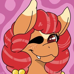 Size: 1280x1280 | Tagged: safe, anonymous artist, oc, oc only, oc:cinnamon crisp, earth pony, pony, abstract background, bust, earth pony oc, fangs, female, freckles, mare, one eye closed, smiling, solo, wink