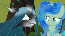 Size: 1200x674 | Tagged: safe, artist:starlightyt133, queen chrysalis, oc, oc:chrystallis, changedling, changeling, g4, changedling oc, female, mother and child, mother and daughter, parent:queen chrysalis