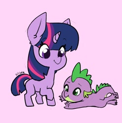 Size: 1721x1737 | Tagged: safe, artist:siripim111, spike, twilight sparkle, dragon, pony, unicorn, g4, cute, duo, female, male, mare, missing cutie mark, pink background, prone, simple background, spikabetes, twiabetes, unicorn twilight