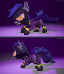 Size: 1279x1458 | Tagged: safe, artist:batponyecho, oc, oc only, oc:echo, bat pony, pony, 3d, bat pony oc, bat wings, clothes, female, goggles, mare, shadowbolts, solo, source filmmaker, spread wings, suit, tail, wings
