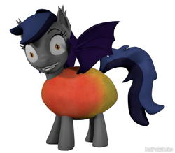 Size: 819x718 | Tagged: safe, artist:batponyecho, oc, oc only, oc:echo, bat pony, pony, 3d, bat pony oc, bat wings, clothes, costume, female, food, mango, mare, shrunken pupils, simple background, solo, source filmmaker, spread wings, tail, that batpony sure does love mangoes, white background, wings