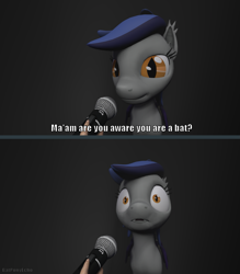 Size: 1279x1458 | Tagged: safe, artist:batponyecho, oc, oc only, oc:echo, bat pony, human, pony, 3d, are you aware you are a pony, bat pony oc, bat wings, disembodied hand, female, hand, mare, meme, microphone, shocked, shocked expression, source filmmaker, tail, wings