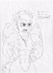Size: 2552x3504 | Tagged: safe, artist:astrum, spitfire, pegasus, anthro, g4, abs, amazon, biceps, breasts, cleavage, clothes, dialogue, female, fitfire, hand on hip, high res, irritated, lineart, mare, monochrome, muscles, muscular female, shirt, simple background, skintight clothes, solo, tight clothing, traditional art, undershirt, uniform, wings, wonderbolts uniform, yelling, zipper