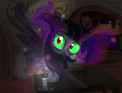 Size: 1361x1037 | Tagged: safe, artist:lovelye, twilight sparkle, alicorn, pony, g4, book, bookshelf, candle, candlelight, candlestick, colored horn, corrupted, corrupted twilight sparkle, curved horn, dark, door, female, golden oaks library, horn, solo, sombra eyes, sombra horn, table, twilight sparkle (alicorn)
