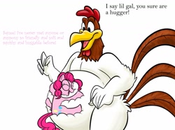 Size: 1280x951 | Tagged: safe, artist:cutecartsy, pinkie pie, bird, chicken, earth pony, pony, g4, crossover, female, foghorn leghorn, hug, looney tunes, male, mare, rooster, simple background, size difference, warner brothers, white background, wing hands, wings