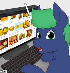 Size: 2618x2726 | Tagged: safe, artist:suchalmy, oc, oc only, oc:fruitcup, bat pony, pony, bat pony oc, bat wings, caught, computer, cute, cute little fangs, exclamation point, fangs, food, high res, internet, keyboard, looking at you, male, mango, meme, monitor, shocked, solo, stallion, surprised, that batpony sure does love mangoes, wings