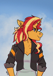 Size: 1014x1455 | Tagged: safe, artist:shimazun, sunset shimmer, unicorn, anthro, equestria girls, g4, clothes, cloud, jacket, sky, solo, sunglasses