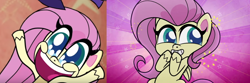 Size: 2174x720 | Tagged: safe, screencap, fluttershy, pegasus, pony, g4.5, my little pony: pony life, comparison, cropped, cute, exuberant airdancer fluttershy, female, mare, shyabetes, solo