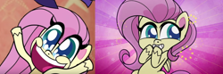 Size: 2174x720 | Tagged: safe, screencap, fluttershy, pegasus, pony, g4, g4.5, my little pony: pony life, comparison, cropped, cute, exuberant airdancer fluttershy, female, mare, shyabetes, solo