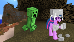 Size: 2000x1125 | Tagged: safe, artist:llamalauncher, artist:thatstupiddoll, edit, twilight sparkle, pony, g4, airpods, armor, creeper, crossover, iron, meme edit, minecraft, newbie artist training grounds, oblivious, this will end in explosions, tongue out