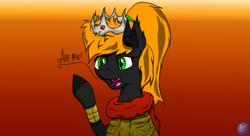 Size: 1980x1080 | Tagged: safe, artist:terminalhash, oc, oc only, oc:ravery, demon, demon pony, original species, pony, abstract background, bracelet, cesar, chestplate, clothes, cosplay, costume, crown, jewelry, regalia, solo
